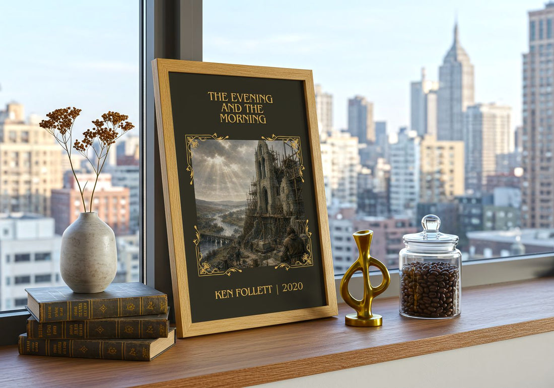 The Evening And The Morning Classic Book Art Print by Ken Follett – framed print on a city-view windowsill