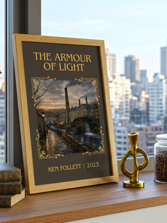 The Armour Of Light Classic Book Art Print by Ken Follett – framed print on a city-view windowsill