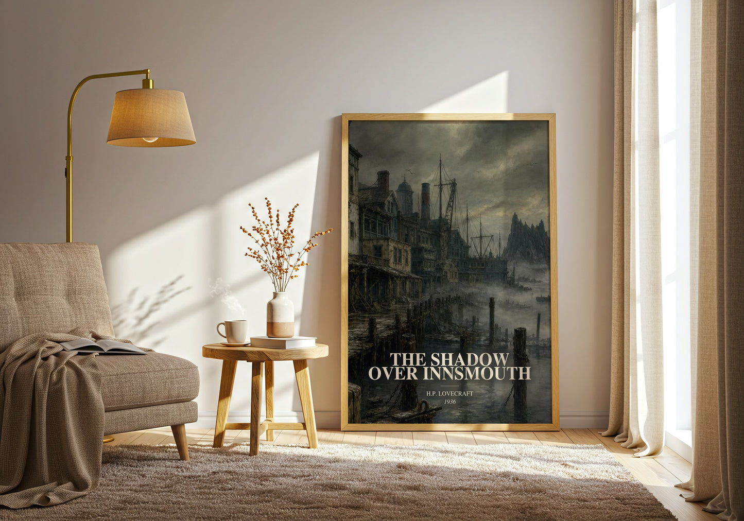 The Shadow Over Innsmouth watercolour print in frame leaning in hallway – horror wall art