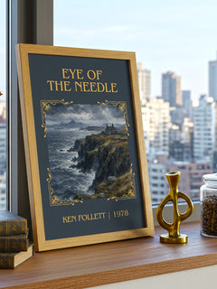 Eye Of The Needle Classic Book Art Print by Ken Follett – framed print on a city-view windowsill