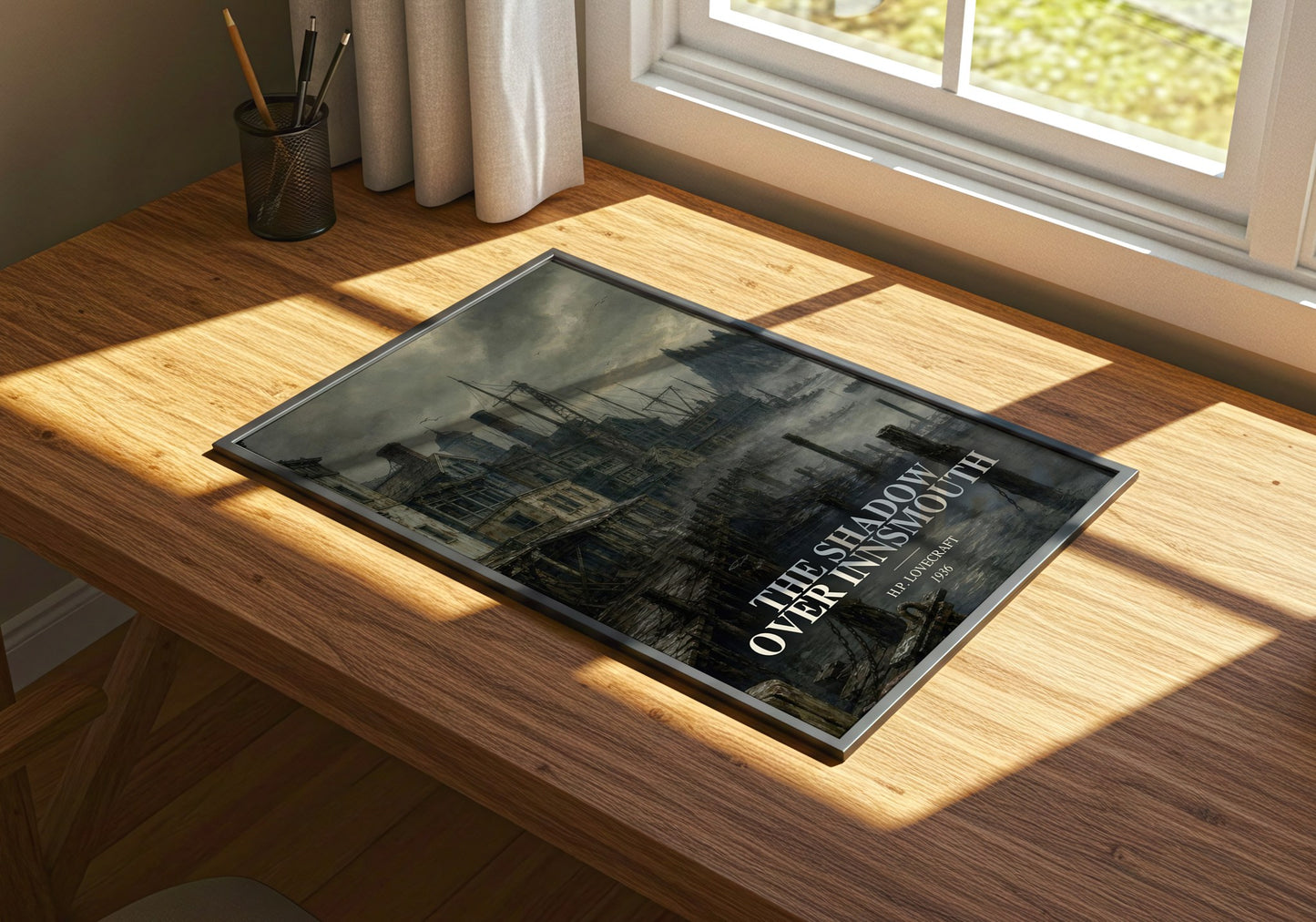 The Shadow Over Innsmouth watercolour book poster framed on wall – horror wall art