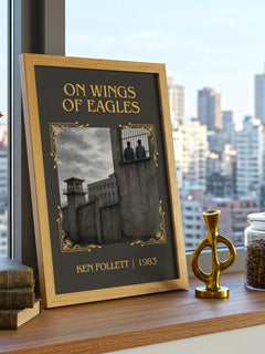 On Wings Of Eagles Classic Book Art Print by Ken Follett – framed print on a city-view windowsill