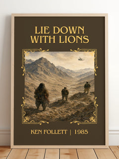 Lie Down With Lions Classic Book Art Print by Ken Follett – framed print leaning on a wooden floor