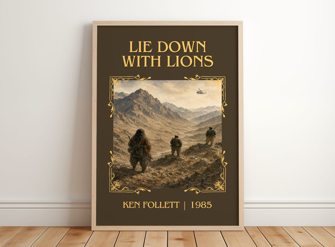 Lie Down With Lions Classic Book Art Print by Ken Follett – framed print leaning on a wooden floor