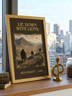 Lie Down With Lions Classic Book Art Print by Ken Follett – framed print on a city-view windowsill