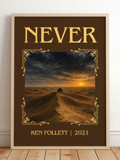 Never Classic Book Art Print by Ken Follett – framed print leaning on a wooden floor