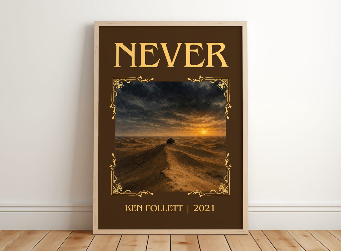 Never Classic Book Art Print by Ken Follett – framed print leaning on a wooden floor