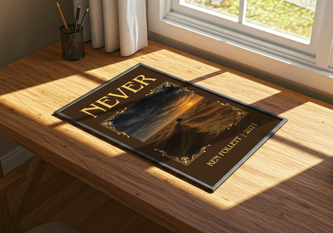 Never Classic Book Art Print by Ken Follett – print on a sunlit desk