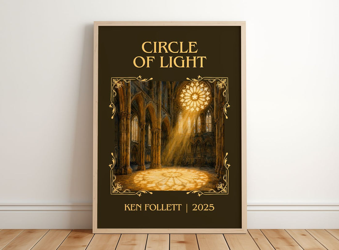 Circle Of Light Classic Book Art Print by Ken Follett – framed print leaning on a wooden floor