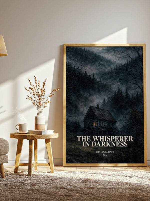 The Whisperer In Darkness watercolour print in frame leaning in hallway – horror wall art