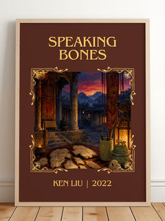 Speaking Bones Classic Book Art Print by Ken Liu – framed print leaning on a wooden floor