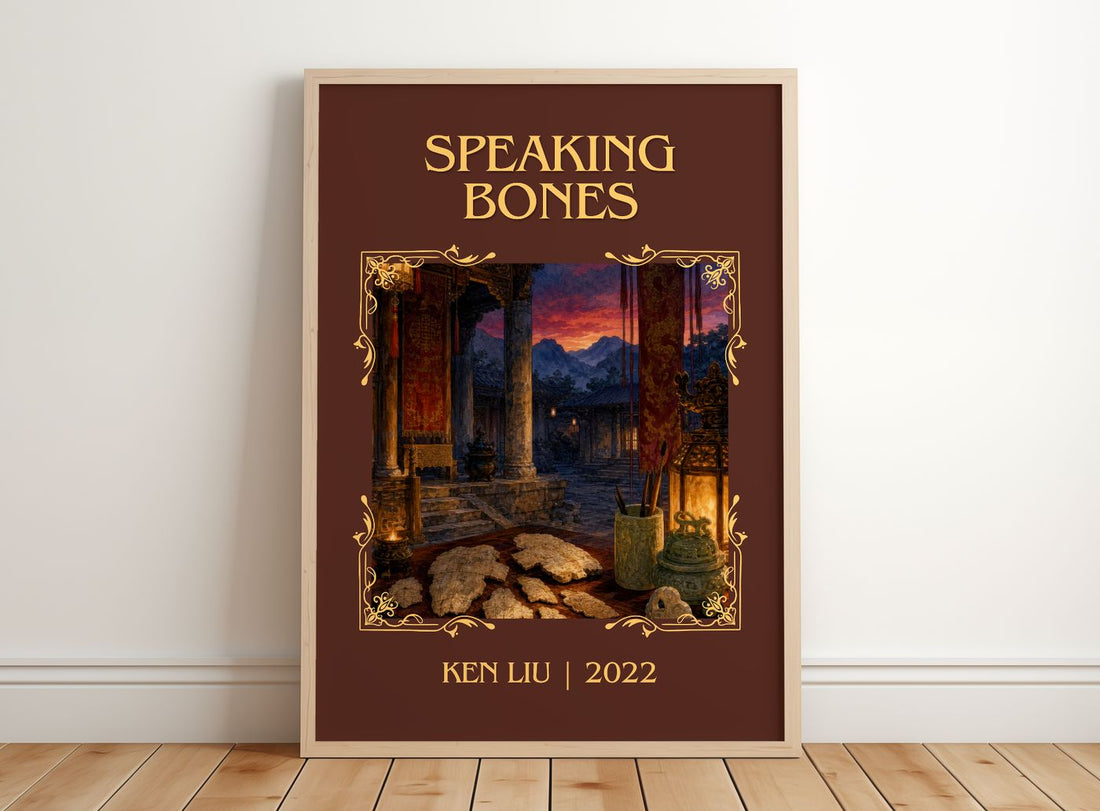 Speaking Bones Classic Book Art Print by Ken Liu – framed print leaning on a wooden floor