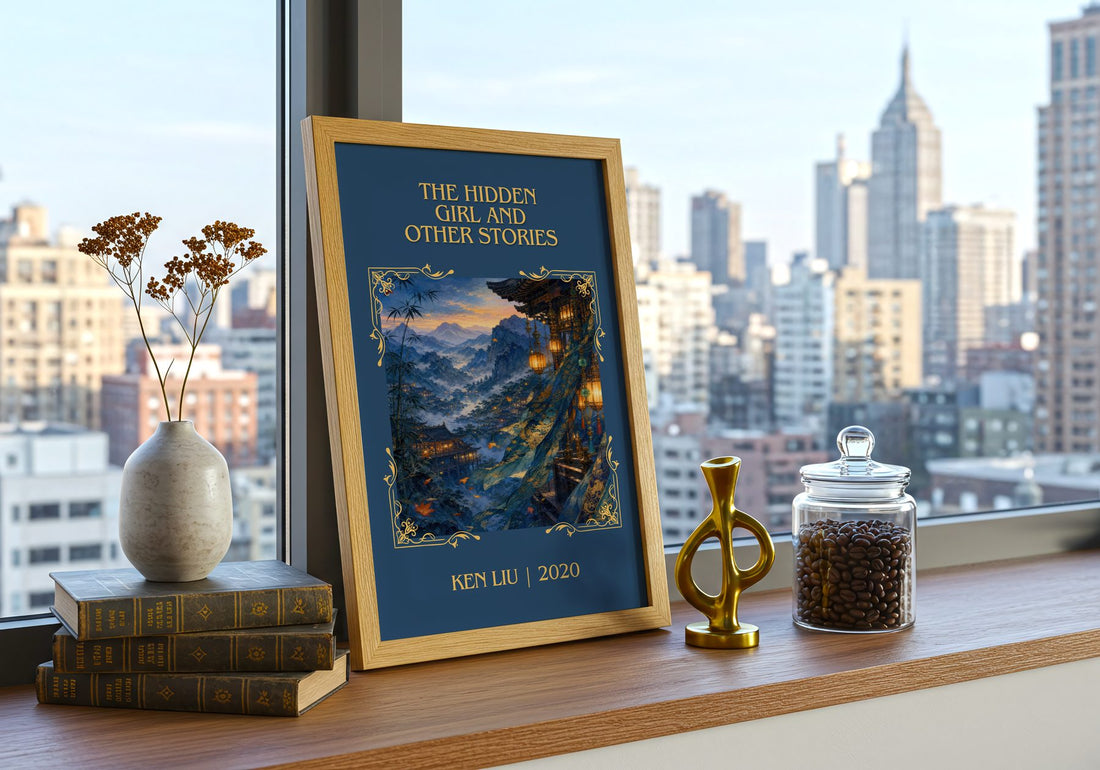 The Hidden Girl And Other Stories Classic Book Art Print by Ken Liu – framed print on a city-view windowsill