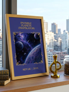 Invisible Planets (Translator) Classic Book Art Print by Ken Liu – framed print on a city-view windowsill