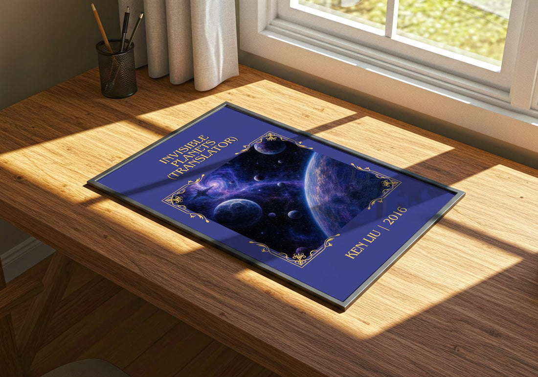 Invisible Planets (Translator) Classic Book Art Print by Ken Liu – print on a sunlit desk