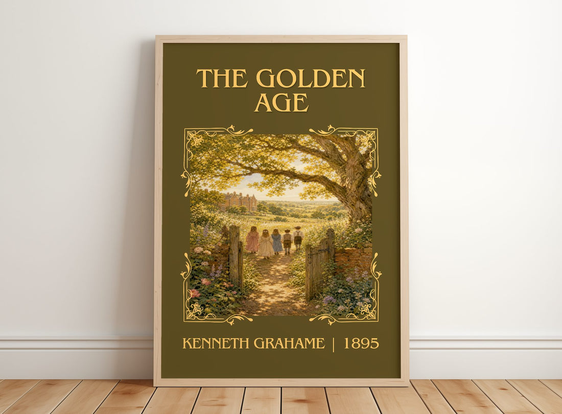 The Golden Age Classic Book Art Print by Kenneth Grahame – framed print leaning on a wooden floor