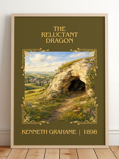 The Reluctant Dragon Classic Book Art Print by Kenneth Grahame – framed print leaning on a wooden floor