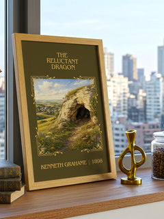 The Reluctant Dragon Classic Book Art Print by Kenneth Grahame – framed print on a city-view windowsill