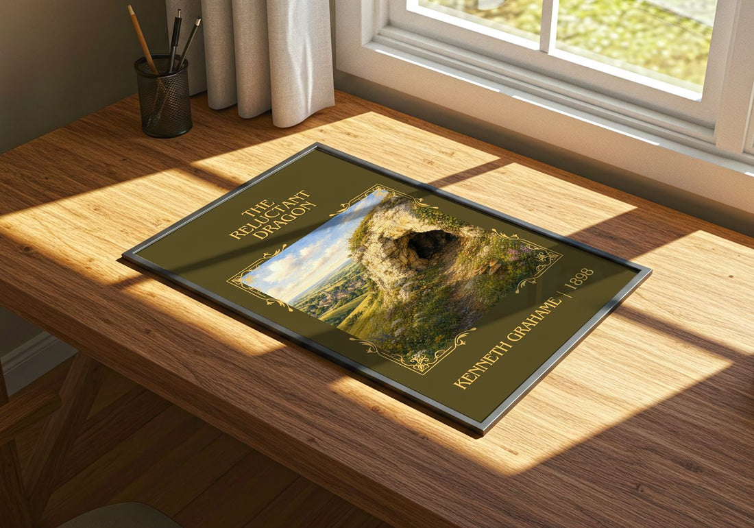 The Reluctant Dragon Classic Book Art Print by Kenneth Grahame – print on a sunlit desk