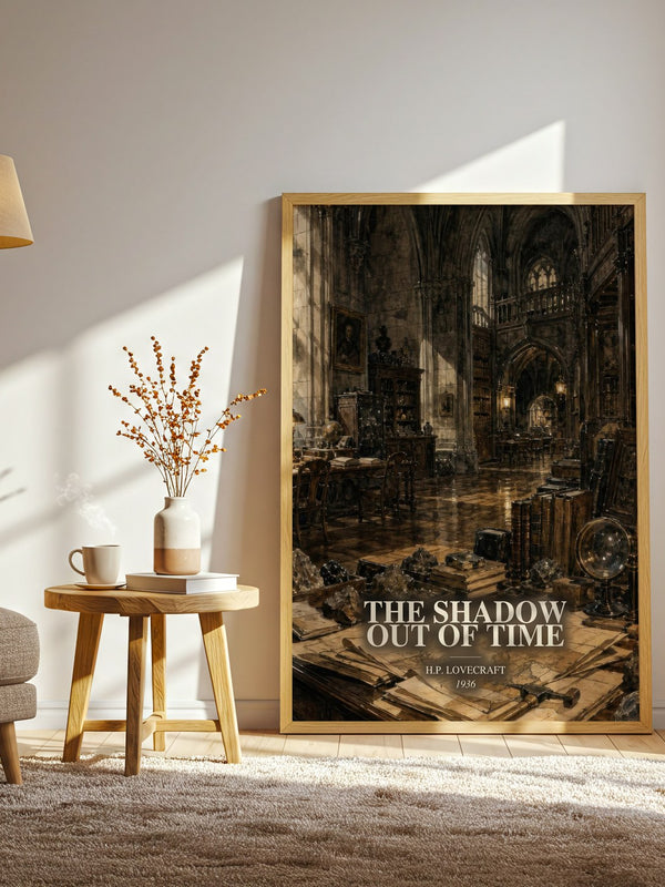 The Shadow Out Of Time watercolour print in frame leaning in hallway – horror wall art
