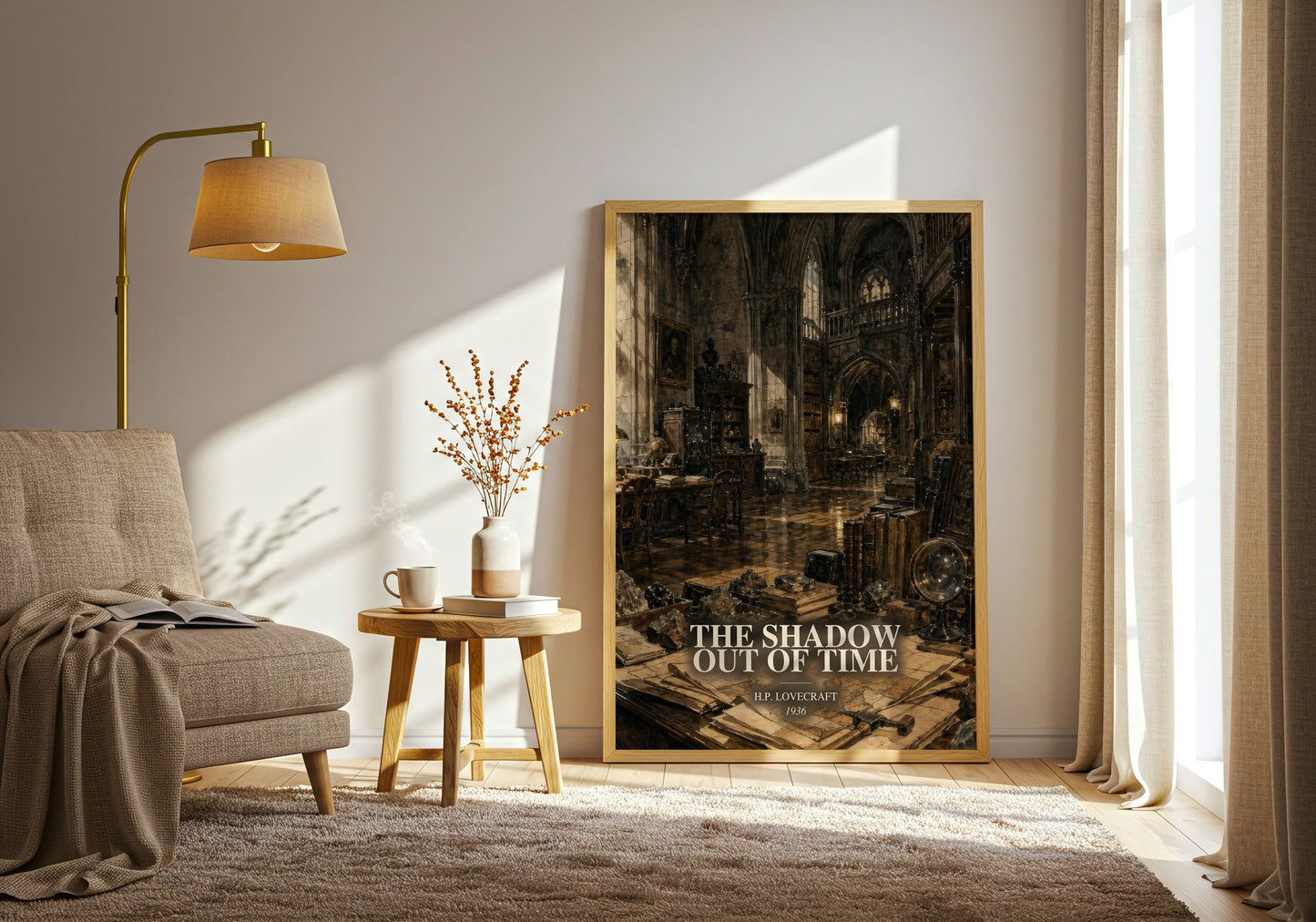 The Shadow Out Of Time watercolour print in frame leaning in hallway – horror wall art