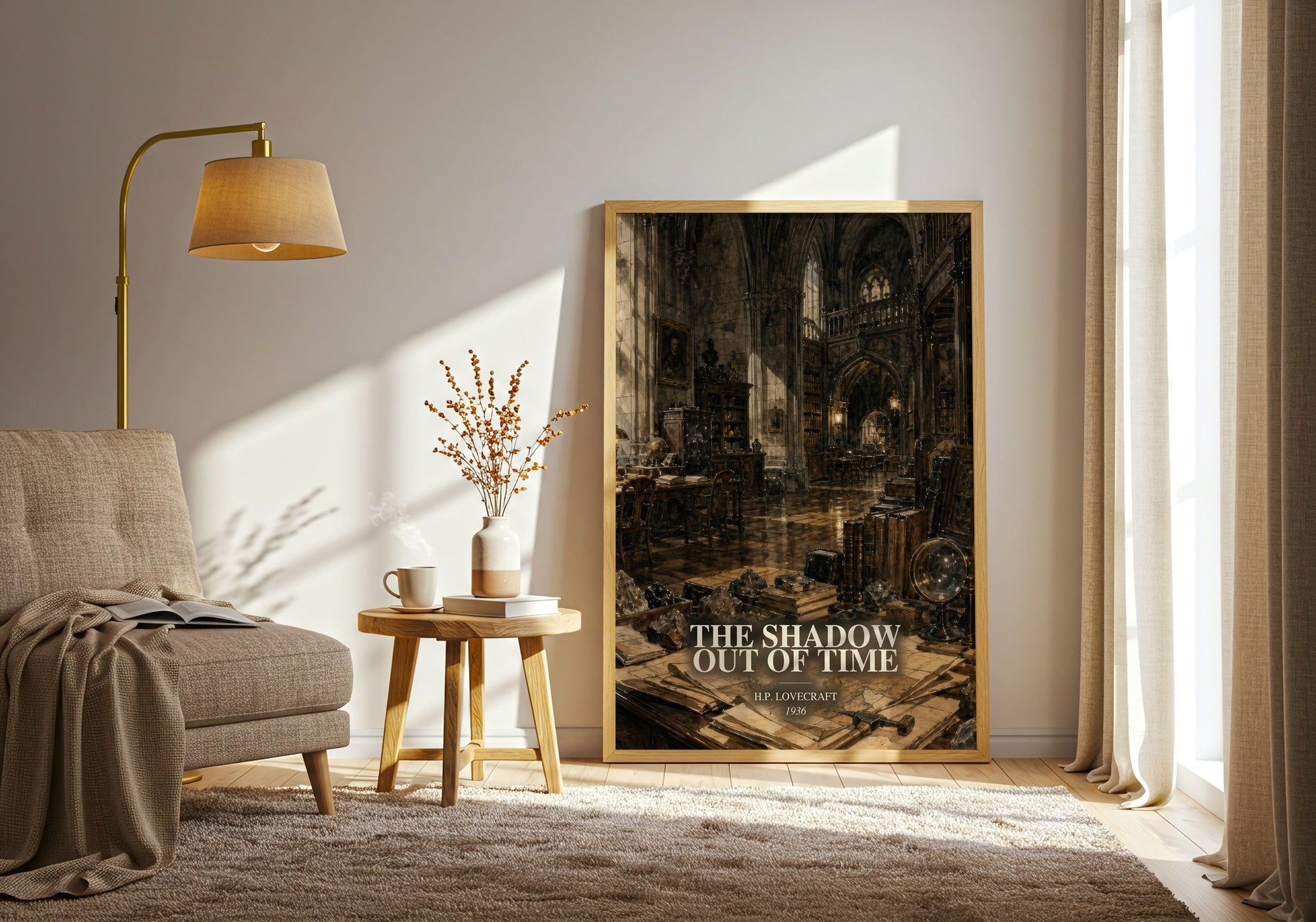 The Shadow Out Of Time watercolour print in frame leaning in hallway – horror wall art