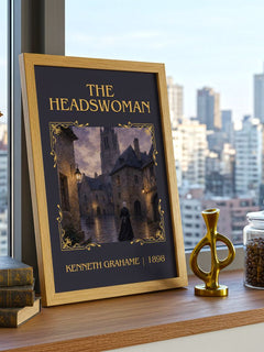 The Headswoman Classic Book Art Print by Kenneth Grahame – framed print on a city-view windowsill