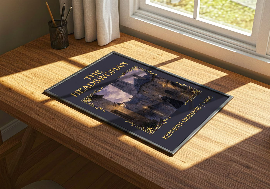 The Headswoman Classic Book Art Print by Kenneth Grahame – print on a sunlit desk