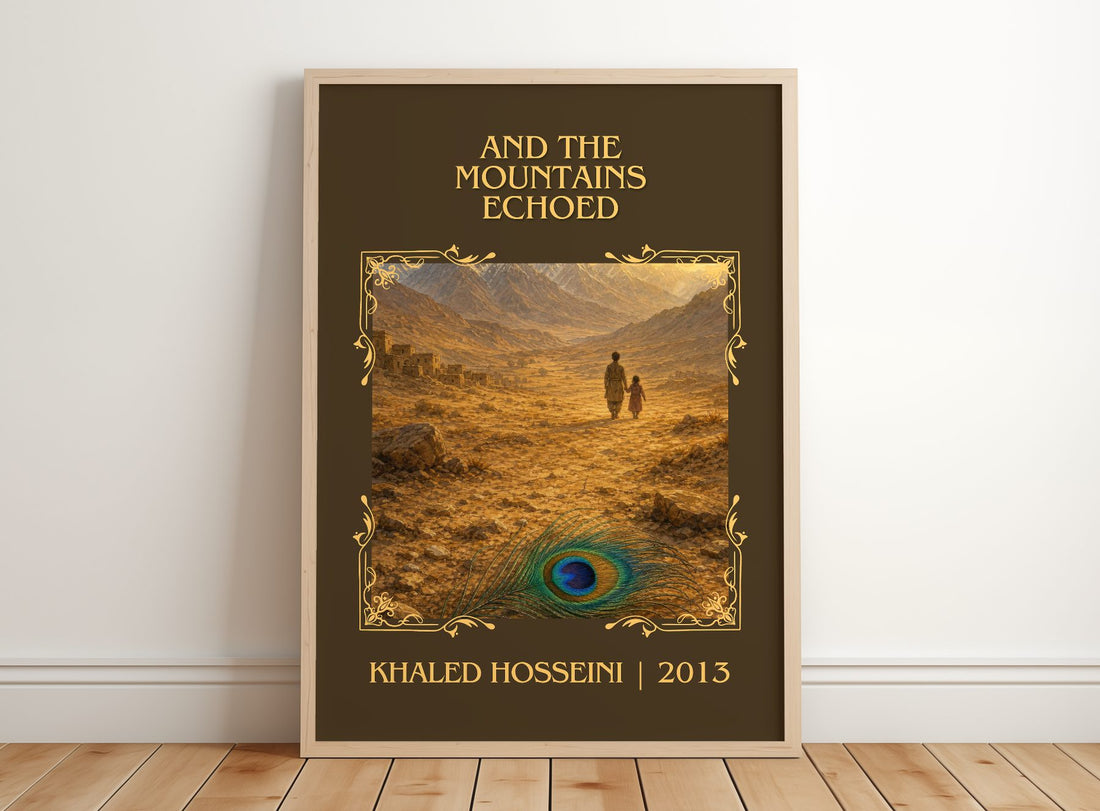 And The Mountains Echoed Classic Book Art Print by Khaled Hosseini – framed print leaning on a wooden floor