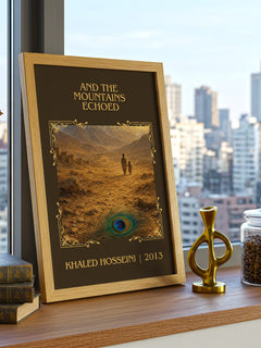 And The Mountains Echoed Classic Book Art Print by Khaled Hosseini – framed print on a city-view windowsill
