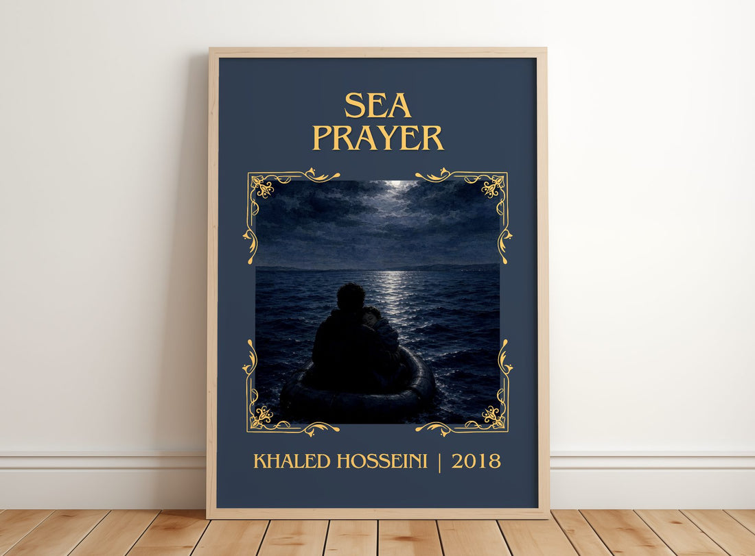 Sea Prayer Classic Book Art Print by Khaled Hosseini – framed print leaning on a wooden floor
