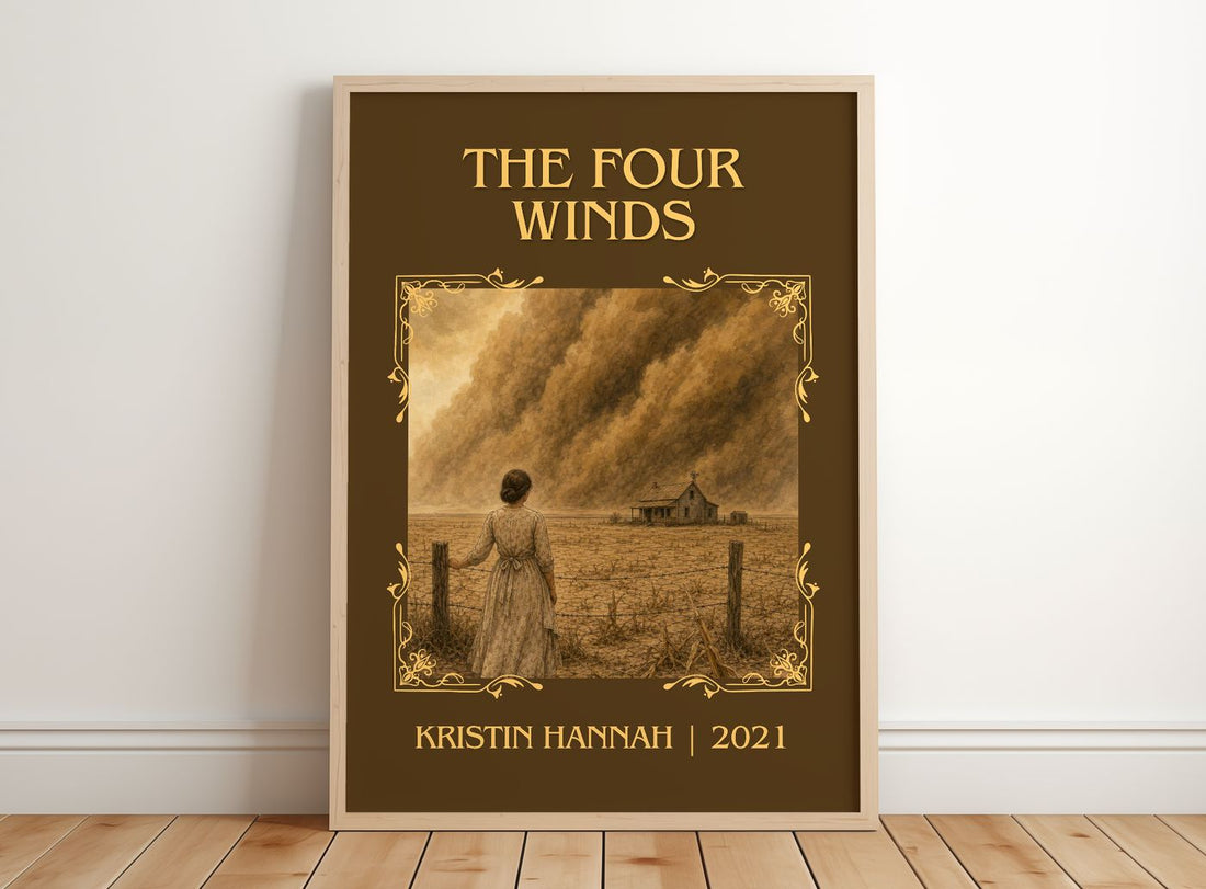 The Four Winds Classic Book Art Print by Kristin Hannah – framed print leaning on a wooden floor