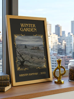 Winter Garden Classic Book Art Print by Kristin Hannah – framed print on a city-view windowsill