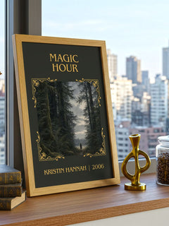 Magic Hour Classic Book Art Print by Kristin Hannah – framed print on a city-view windowsill