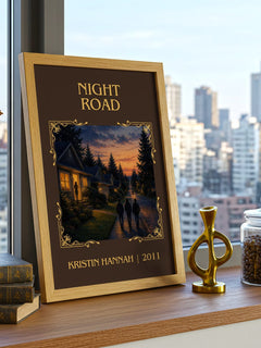 Night Road Classic Book Art Print by Kristin Hannah – framed print on a city-view windowsill