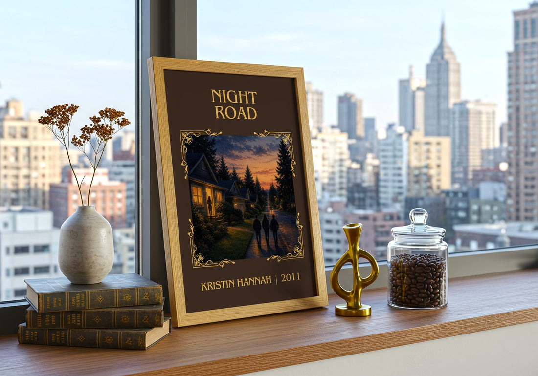 Night Road Classic Book Art Print by Kristin Hannah – framed print on a city-view windowsill