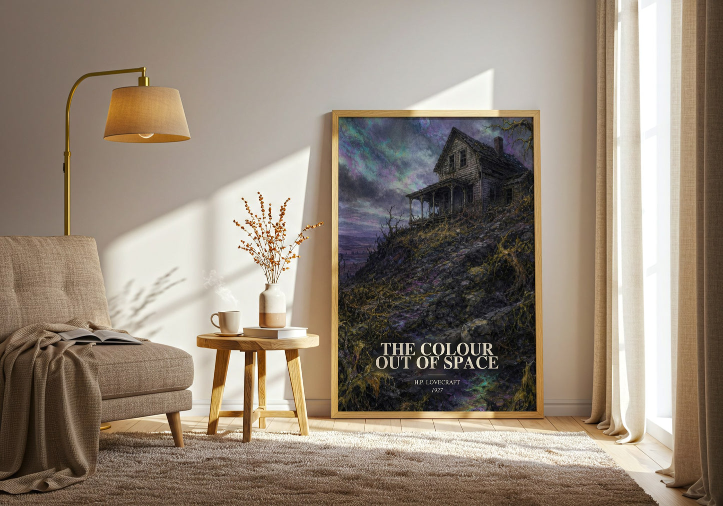 The Colour Out Of Space watercolour print in frame leaning in hallway – horror wall art