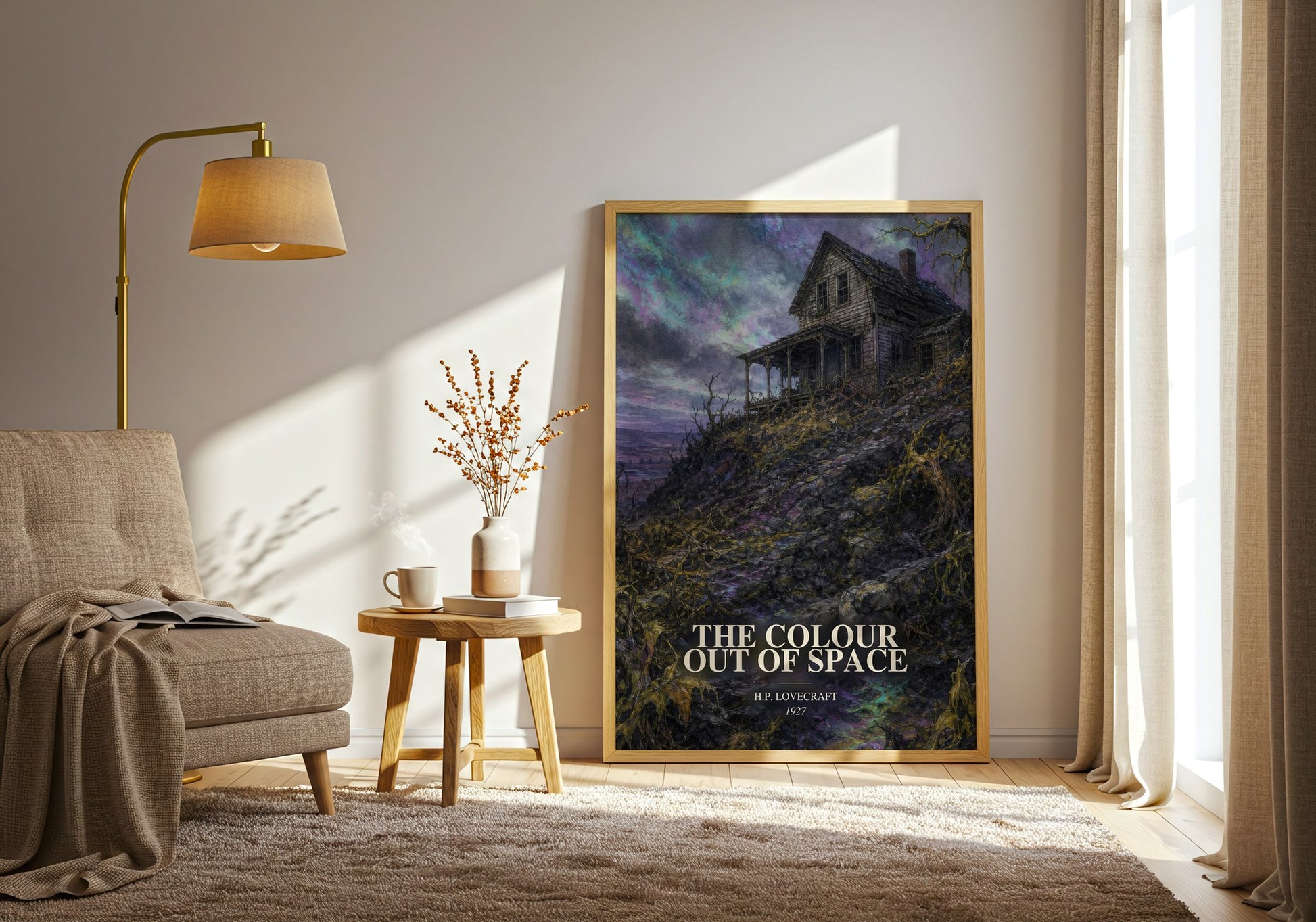 The Colour Out Of Space watercolour print in frame leaning in hallway – horror wall art