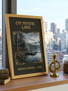 On Mystic Lake Classic Book Art Print by Kristin Hannah – framed print on a city-view windowsill