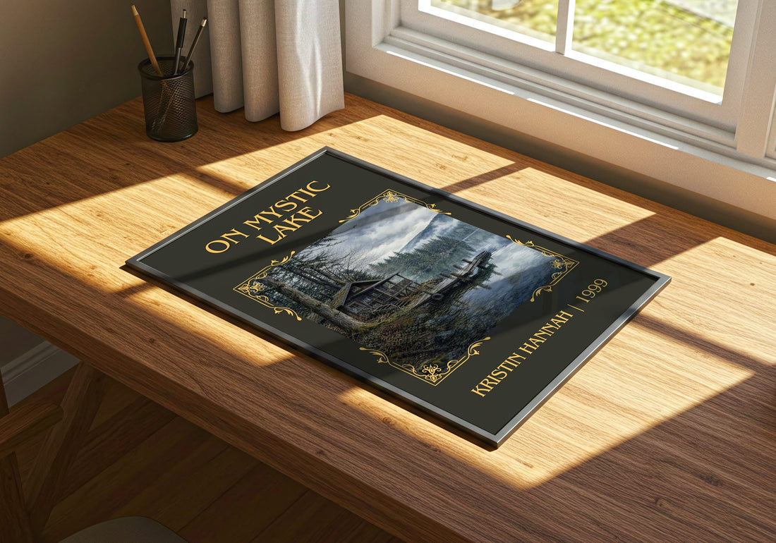 On Mystic Lake Classic Book Art Print by Kristin Hannah – print on a sunlit desk