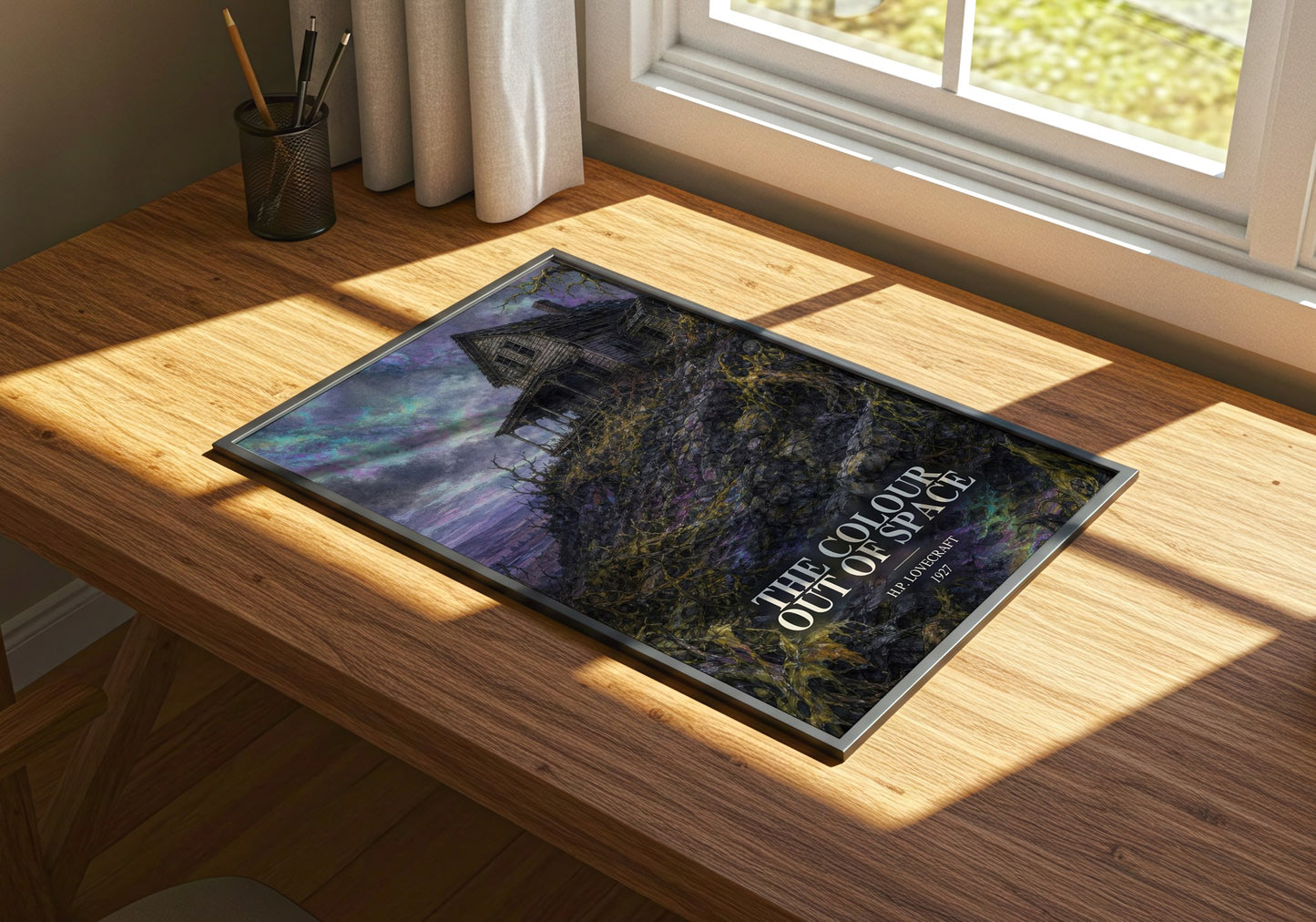 The Colour Out Of Space watercolour book poster framed on wall – horror wall art