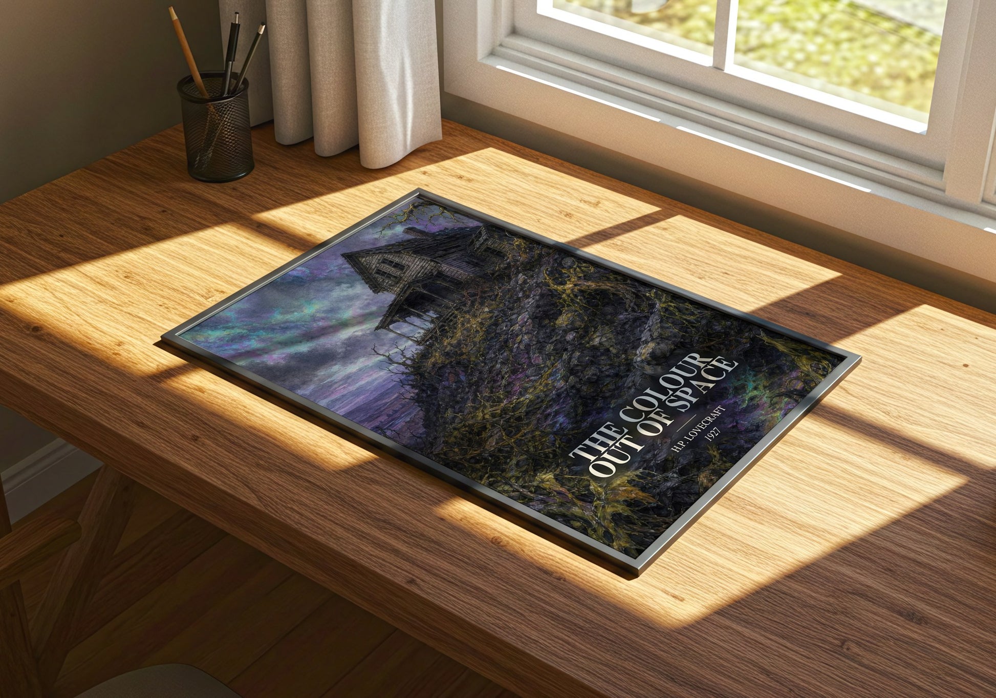 The Colour Out Of Space watercolour book poster framed on wall – horror wall art