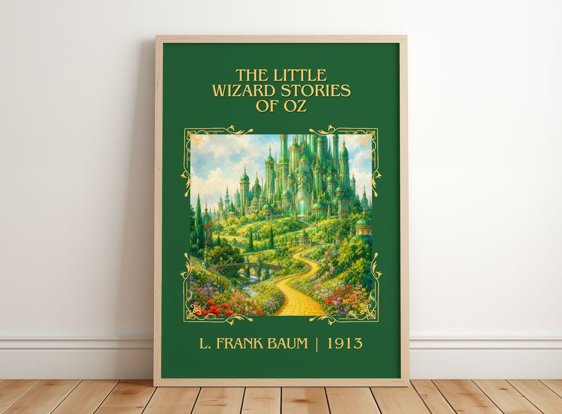 Little Wizard Stories Of Oz Classic Book Art Print by L. Frank Baum – framed print leaning on a wooden floor