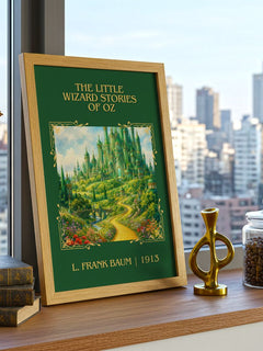 Little Wizard Stories Of Oz Classic Book Art Print by L. Frank Baum – framed print on a city-view windowsill