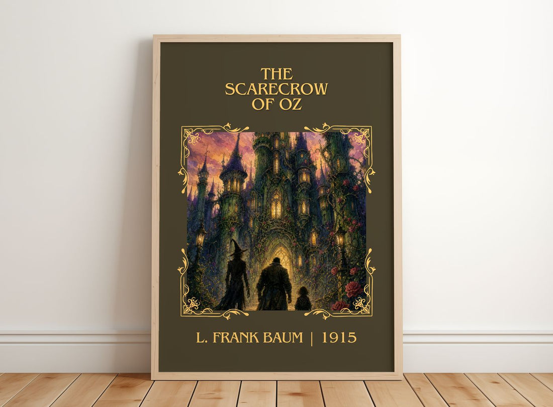 The Scarecrow Of Oz Classic Book Art Print by L. Frank Baum – framed print leaning on a wooden floor