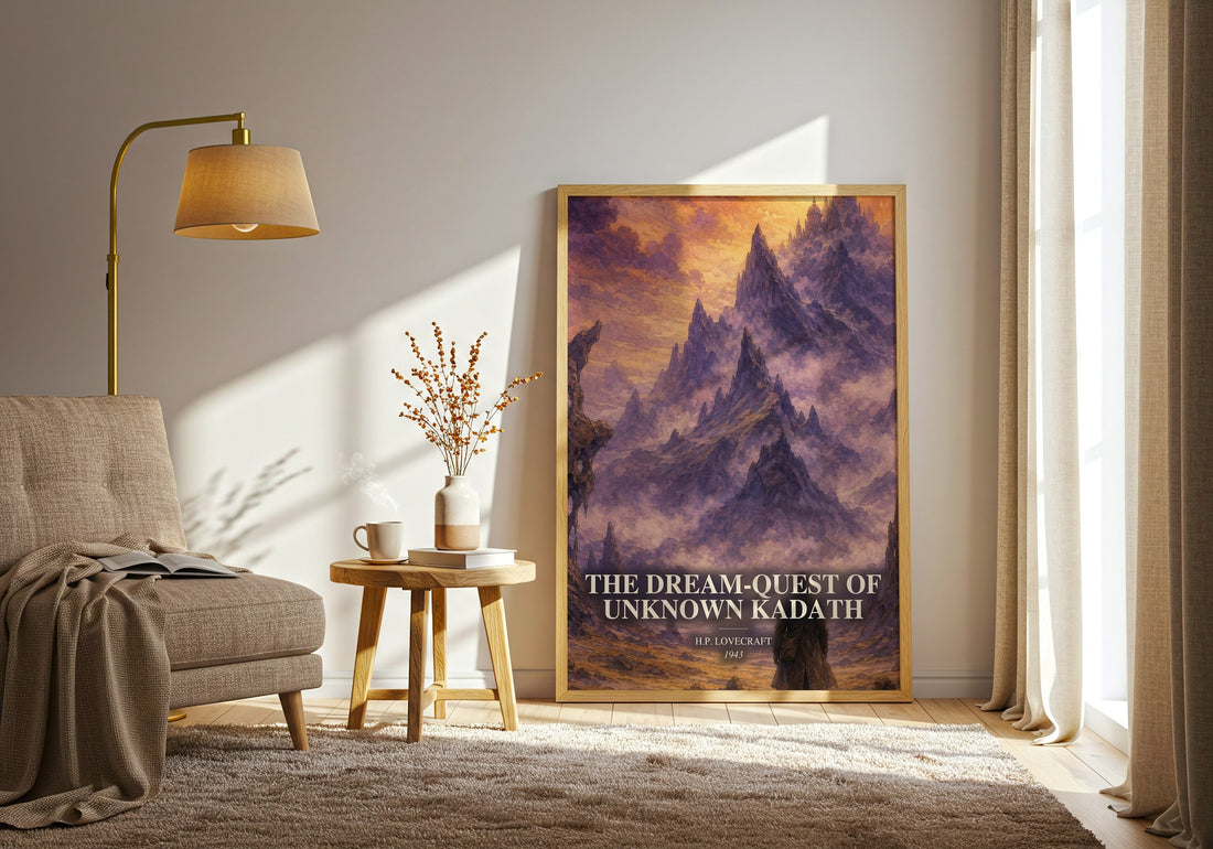 The Dream-Quest Of Unknown Kadath watercolour print in frame leaning in hallway – horror wall art (mockup)