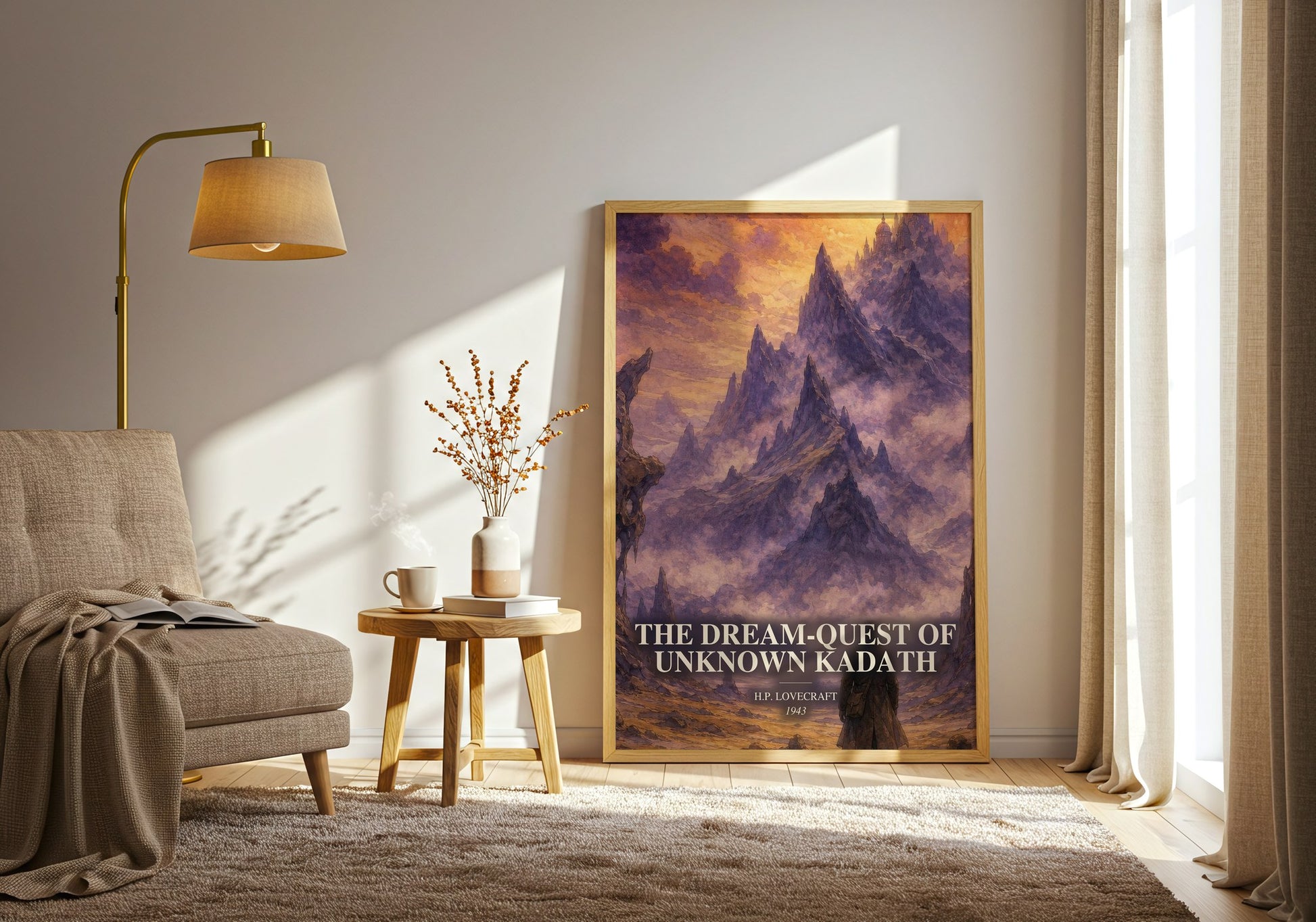 The Dream-Quest Of Unknown Kadath watercolour print in frame leaning in hallway – horror wall art