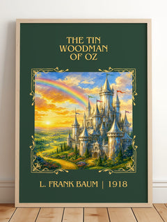 The Tin Woodman Of Oz Classic Book Art Print by L. Frank Baum – framed print leaning on a wooden floor