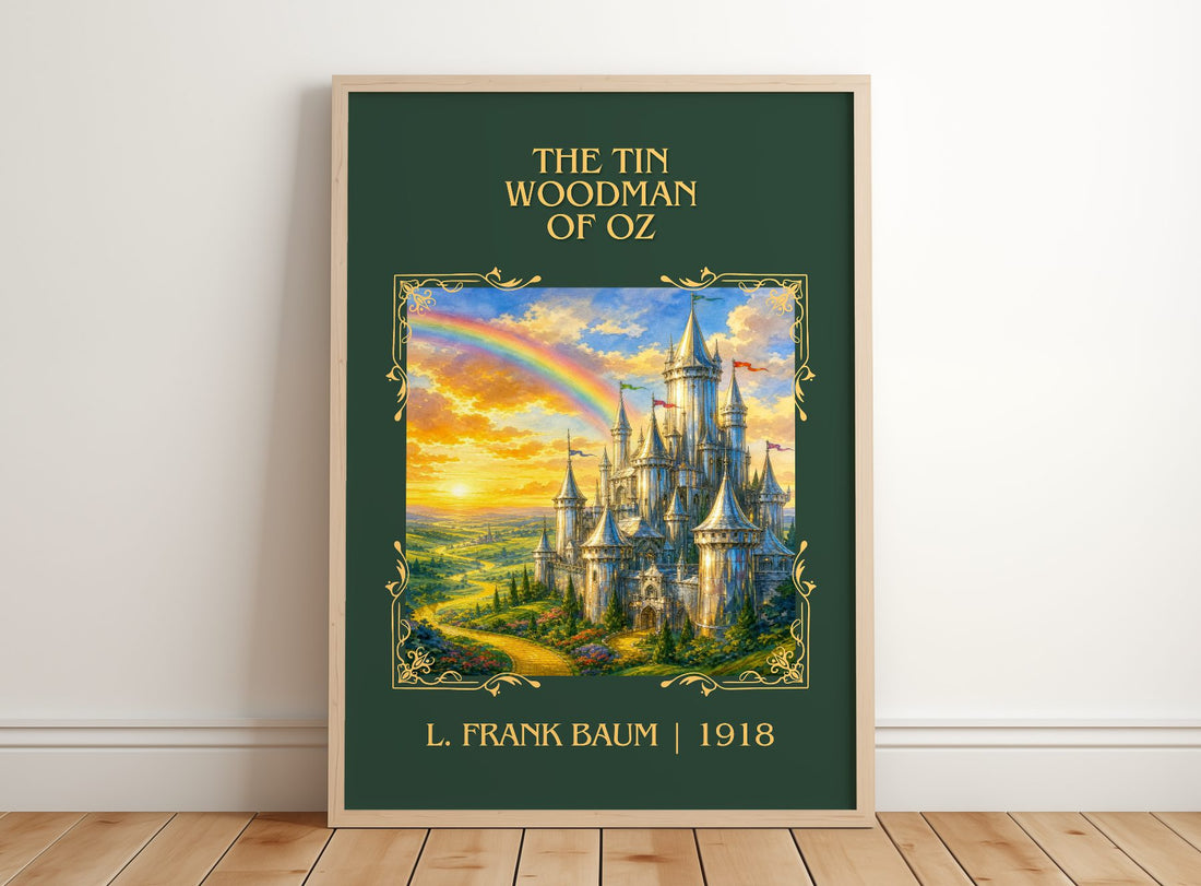 The Tin Woodman Of Oz Classic Book Art Print by L. Frank Baum – framed print leaning on a wooden floor