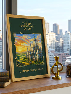 The Tin Woodman Of Oz Classic Book Art Print by L. Frank Baum – framed print on a city-view windowsill